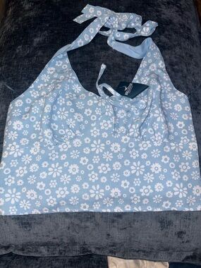 NWT Hollister Blue White Floral Printed Halter Top Sleeveless Tie Neck Medium